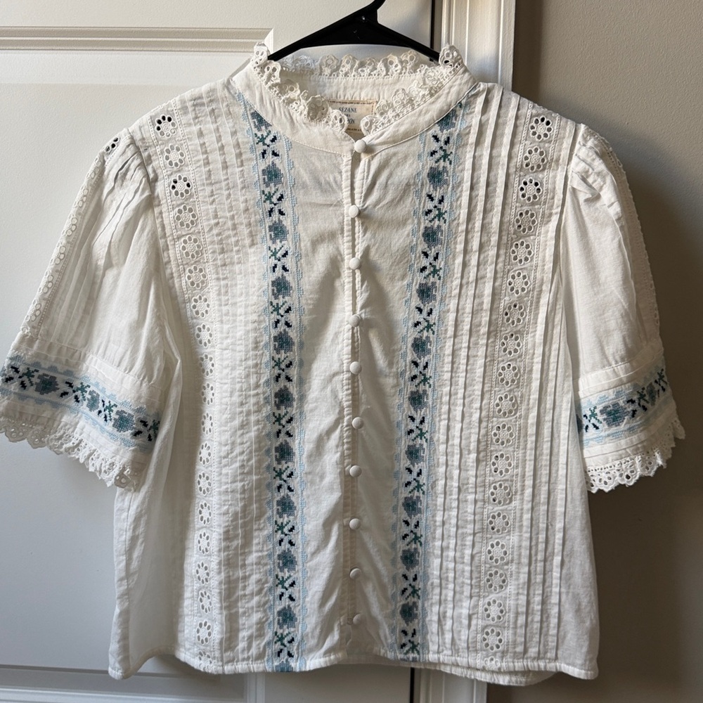 Sezane Kirane Shirt - Sézane X Andion White With Blue Floral Embroidery - Size 6